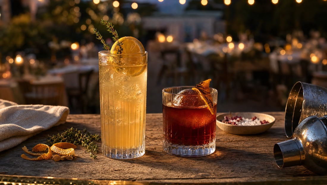 Zwei Cocktails nebeneinander auf dem Holztresen am Abend