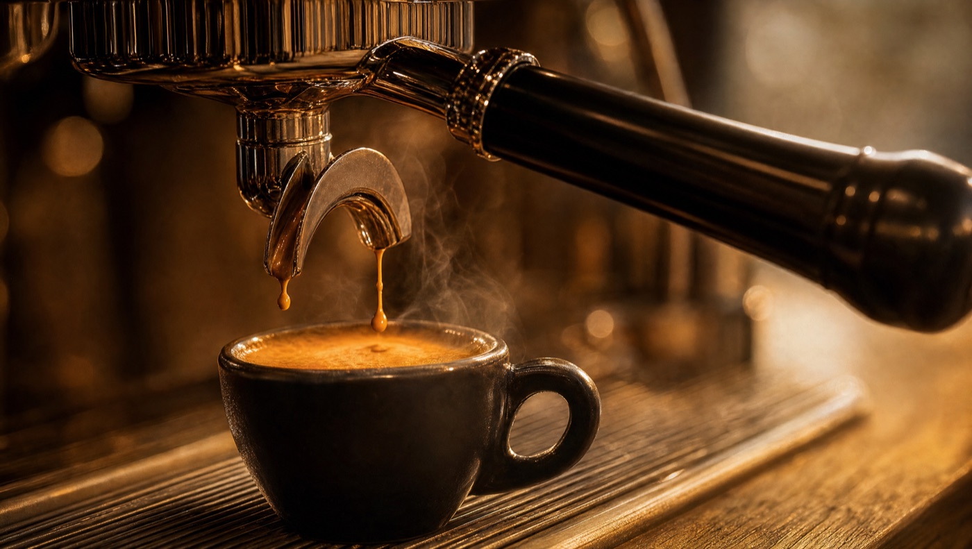Espresso läuft aus dem Siebträger in eine dunkle Tasse an der Vamora Bar