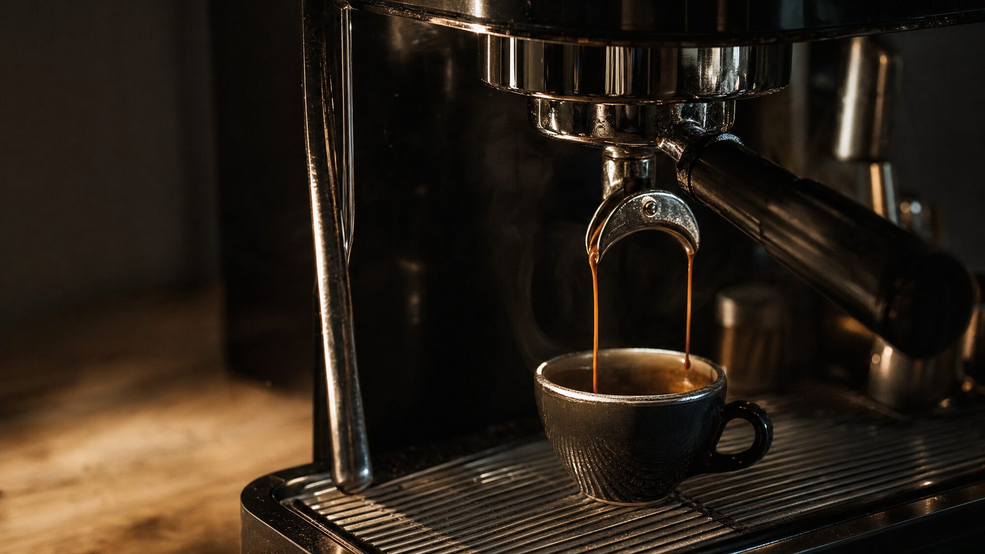 Espresso läuft aus dem Siebträger in eine dunkle Tasse, Nahaufnahme an der Barista-Maschine