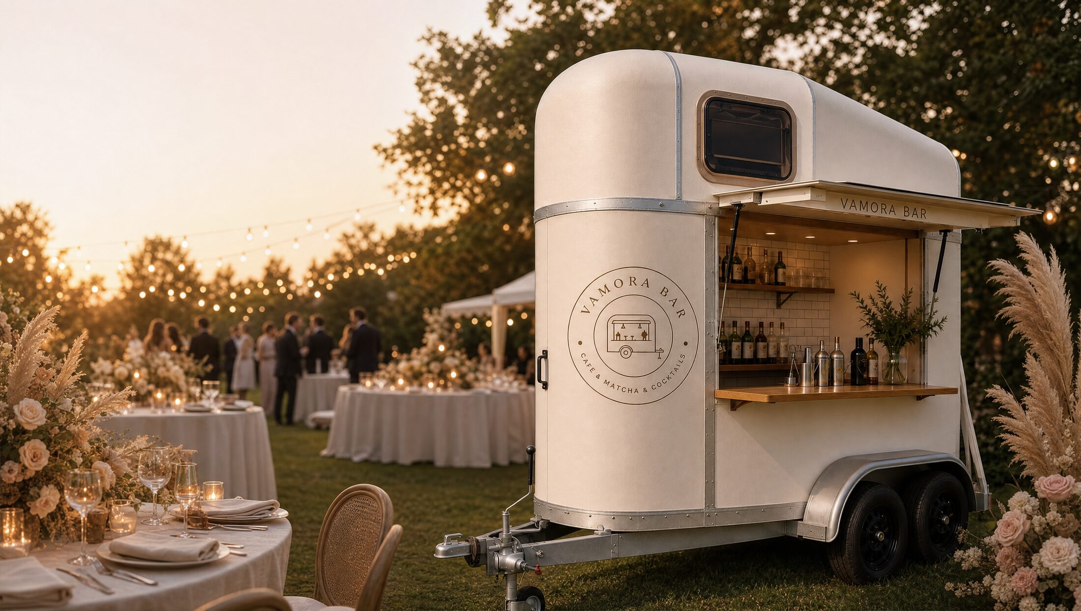 Die Vamora Bar im Abendlicht neben gedeckten Tischen einer Hochzeitsfeier