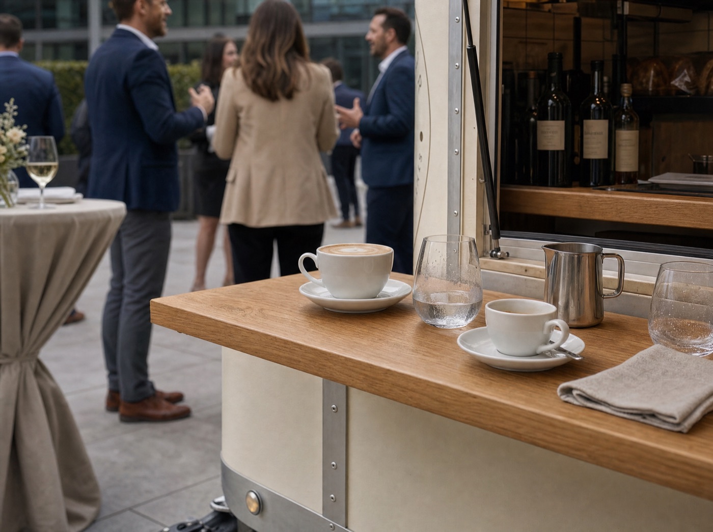Kaffeetassen und Gläser auf dem Tresen der Vamora Bar bei einem Firmenempfang