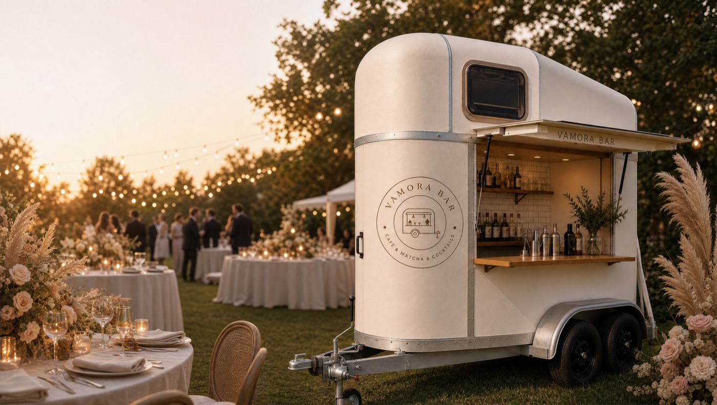 Vamora Bar bei einer Hochzeit im Abendlicht, Gäste mit Gläsern vor dem Anhänger