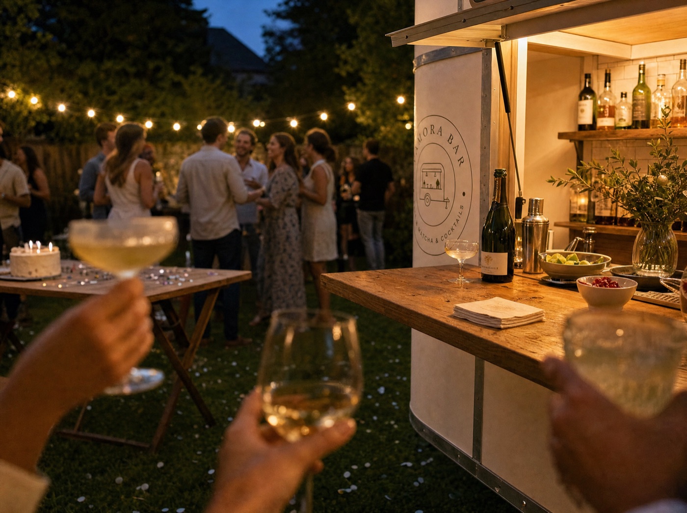 Gäste mit Gläsern am Tresen der Vamora Bar bei einer Gartenfeier am Abend